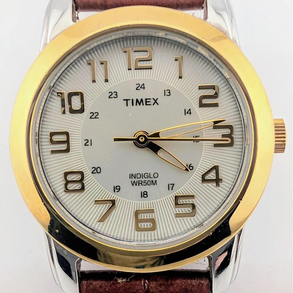 Timex Indiglo Two-Tone Women's Watch Radial Textured Dial Brown Leather 28mm
